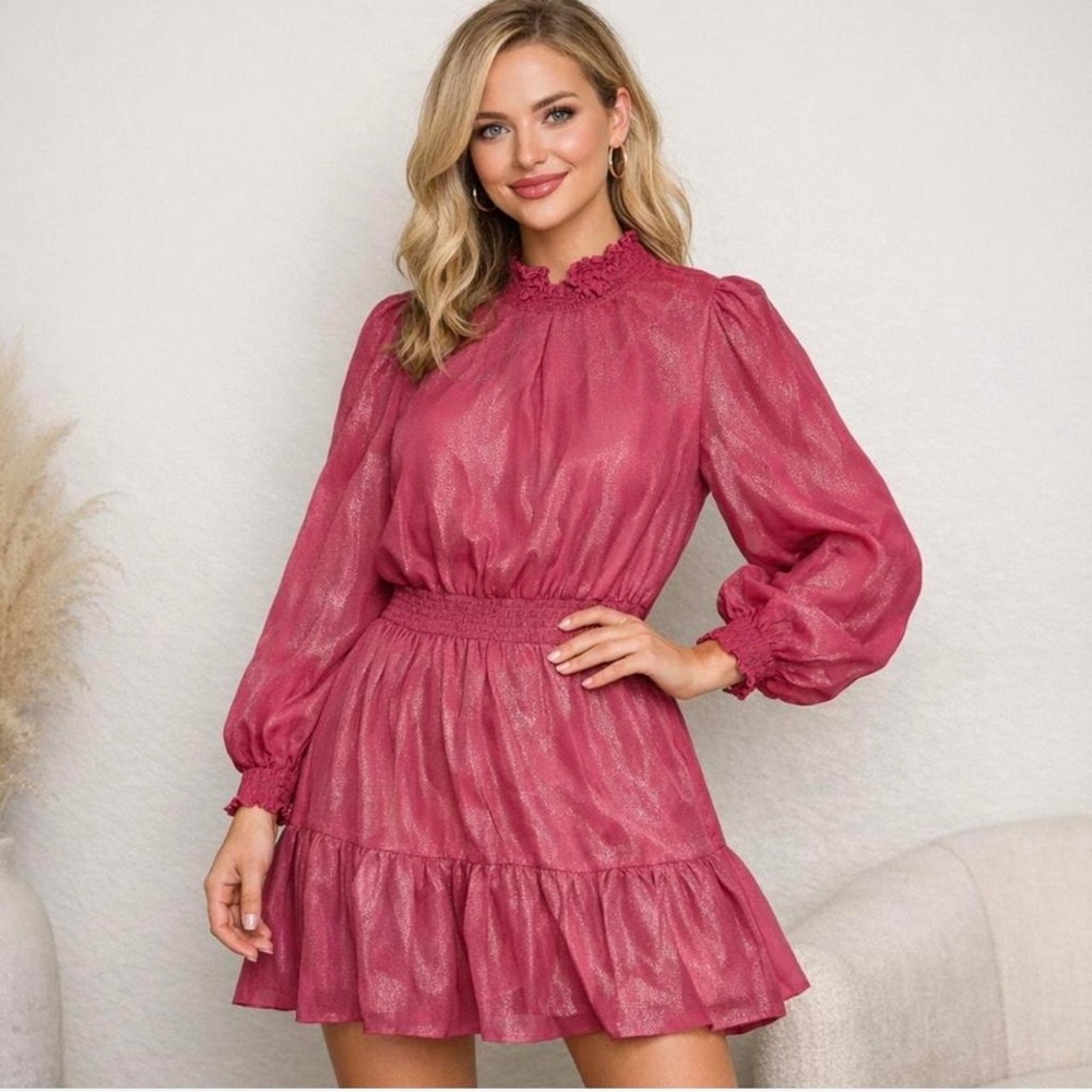NWT Nanette Lepore Pink Metallic Smocked Mini Dress Long Sleeve Size 2